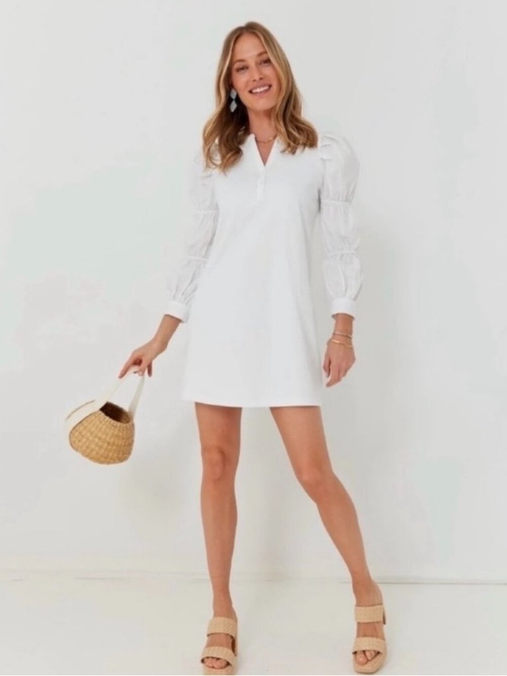 NWT Hyacinth House Willa Long Puff Sleeve 1/4 Button Down White Mini Dress